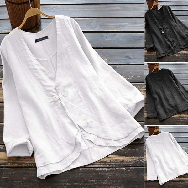 

2020 v neck button cardigan zanzea women's blouse cotton shirts work office lady tunic chemise oversized blusas femininas, White