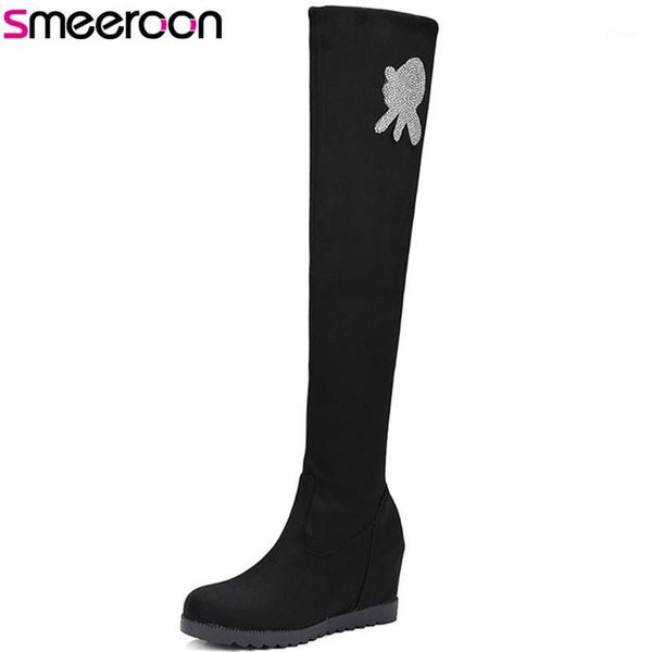

boots smeeroon fashion style autumn winter women slip on over the knee flat bottom heels women1, Black