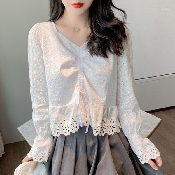 

fashion girls long sleeve lace shirts 2020 autumn new v-neck white blouses casual women drawstring short korean1