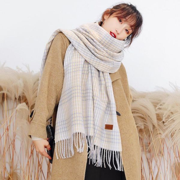 

ladies new design fashion autumn winter warm soft long wrap thick blanket plaid womens cashmere shawls with tassel1, Blue;gray