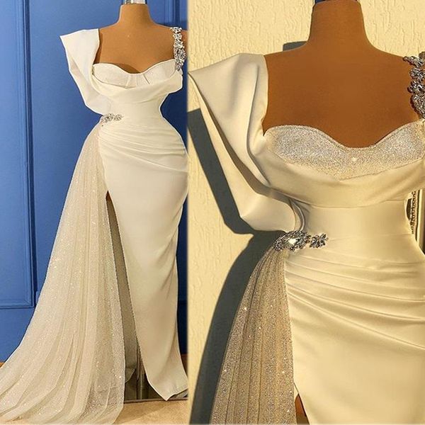 

mermaid evening dresses bling sequins beads crystal side-split prom dresses ruffle satin gorgeous sweep train formal party dress, Black