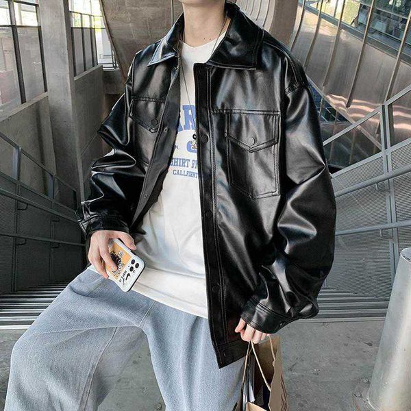 

autumn new motorcycle clothes men's trend handsome loose coat ruffian smart casual single breasted leather jacket, Black;brown