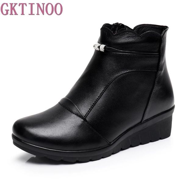 

gktinoo winter shoes woman genuine leather snow boots new fashion casual wedges ankle boots women warm shoes women, Black