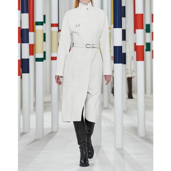 

women's trench coats 2021 9.11 autumn winter runway fashion temperament drop shoulder stand collar with belt coat 2 color, Tan;black