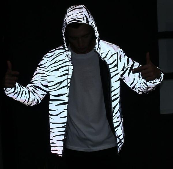 

men jacket casual hiphop windbreaker 3m reflective jacket tide men coat hooded zebra fluorescent clothing, Black;brown