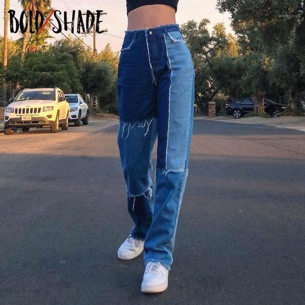 

bold shade skater girl style jeans fashion patchwork tassel high waist denim pants 90s vintage y2k streetwear straight trousers1, Blue