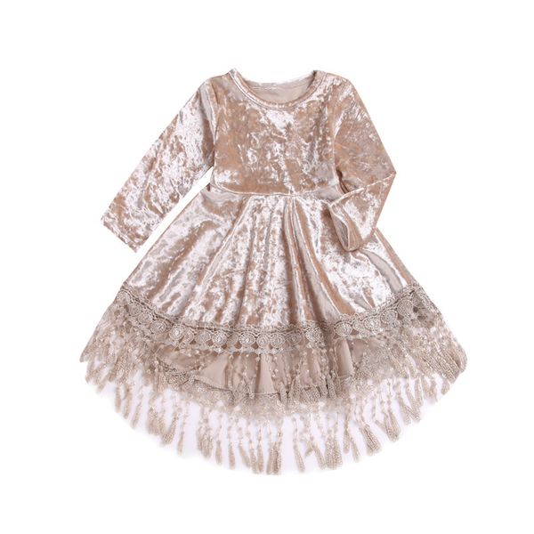 

girls pleuche long sleeve tassels dress fashion solid color velvet kids dress lace embroidery tassels party performance cotume 1-7t, Red;yellow