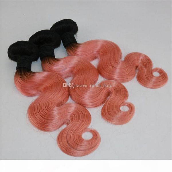

ombre body wave human hair weaves two tone 3 bundles hair extensions pink hair weaves dark roots brazilian virgin bundles, Black;brown