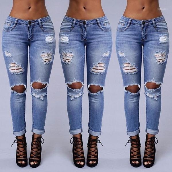 

stretch slim female jeans ripped boyfriend jeans ladies denim pants fashion blue skinny women pencil pants with holes d301