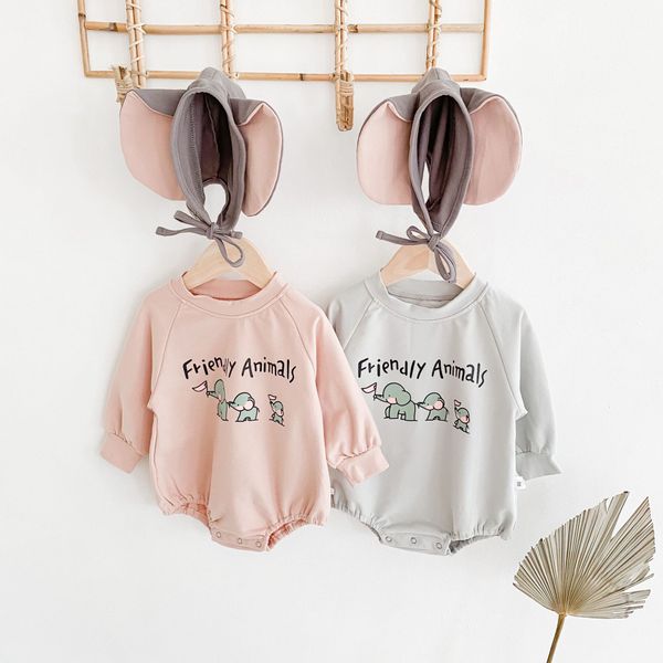 

2020 autumn baby boy girl cartoon elephant print jumpsuit with hat korean child casual clothes newborn baby onesie romper outfit c1021, Blue