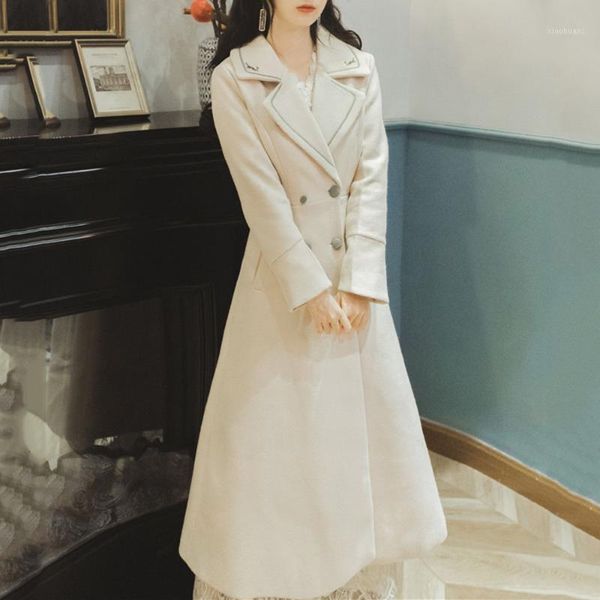 

women's white wool blend long woolen overcoats french retro high waist hepburn wind woolen coat female warmness outerwear1, Black