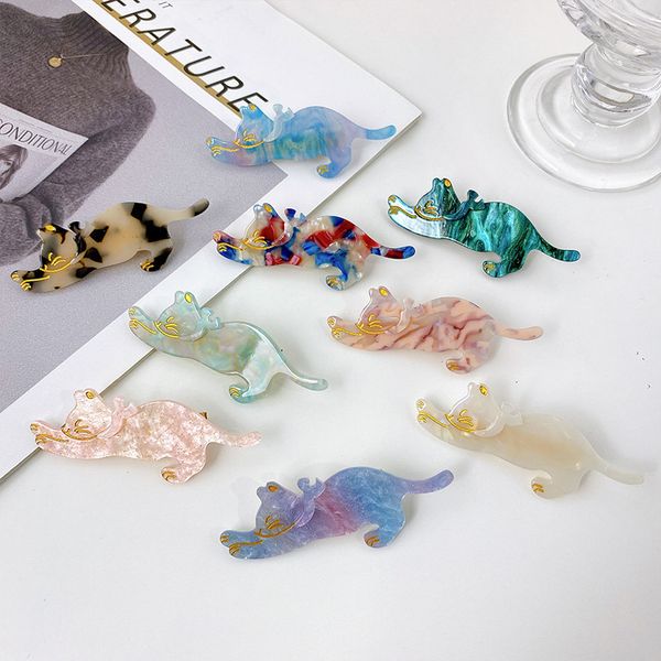 

length 8 cm korea cartoon cat shaped bang barrettes women multi color acetic acid animal hair clips for girls headdress edge ponytail hairpi, Golden;silver