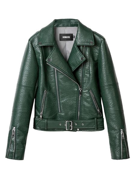 

autumn leather jacket women green short motorcycle pu long sleeve high end leather 3 colors biker coat hr1018x1016, Black;brown