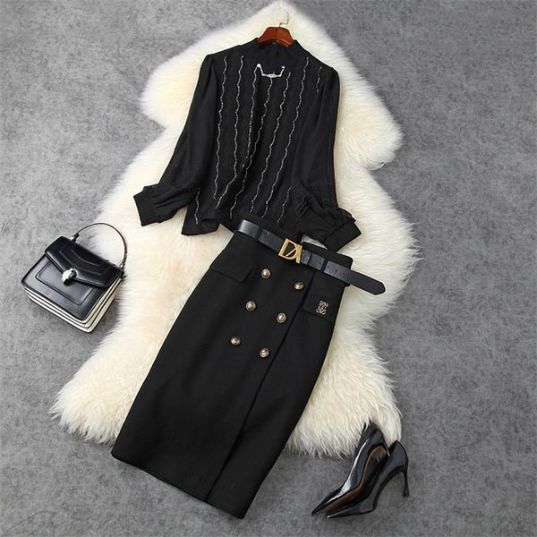 

2020 fall long sleeve round neck black lace panelled knits tees sweater + belted buttons mid-calf skirt two piece 2 pieces set mn0911535, White