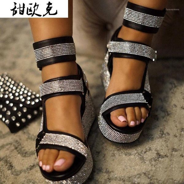 

sandals platform women shoes summer fashion crystal super open toe wedge chunky gladiator plus size1, Black