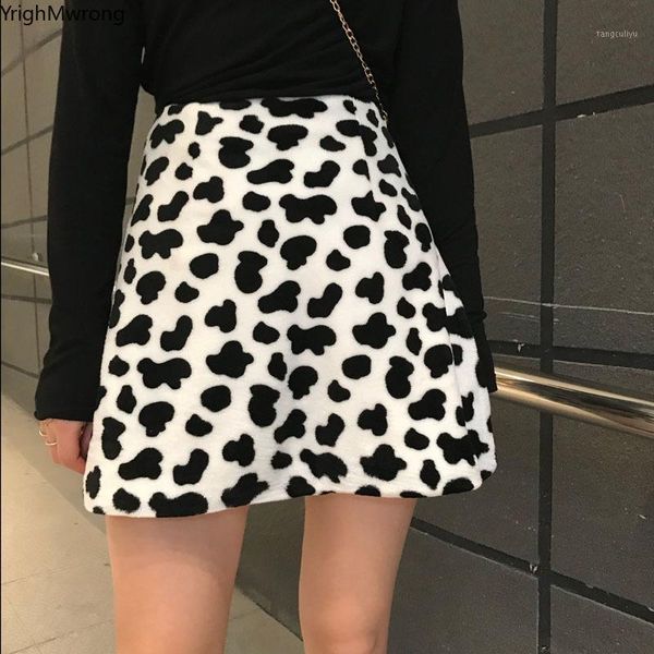

high waist gothic plush faux fur flannel women mini dot cow graffiti kawaii skirt korean streetwear fashion harajuku lolita1, Black