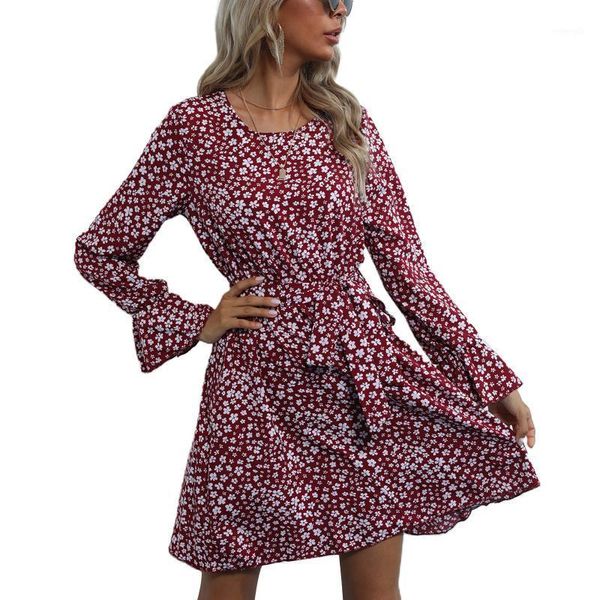 

autumn women long-sleeved dress fashion boho floral round neck bandage high-waist short dress elegant flare sleeve a-line1, Black;gray