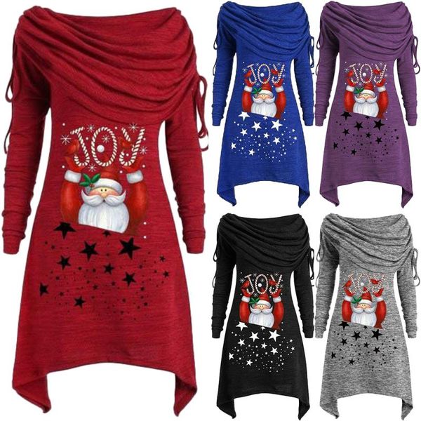

blouse women christmas print new fashion santa claus printed long pullover plus size ladies long sleeve irregular blouse, White
