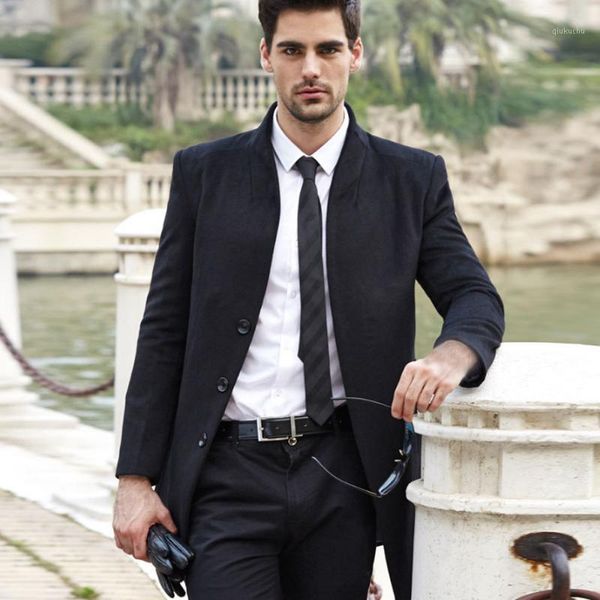 

nice men jacket fashion warm winter trench long outwear button smart overcoat coats autumn casual mens jackets coat1, Black