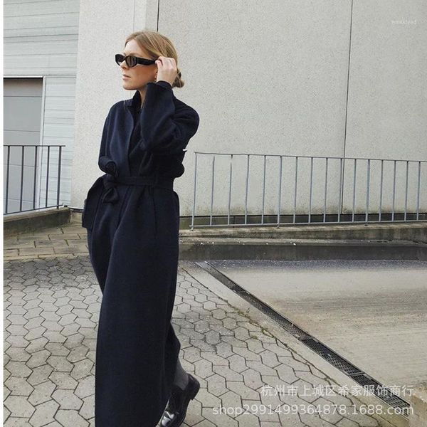 

straight type solid color lapel long europe and the united states navy cashmere blended with wool cloth coat female1, Black