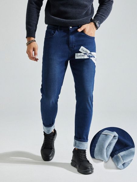 

men letter print zip fly thermal jeans 414t#, Blue