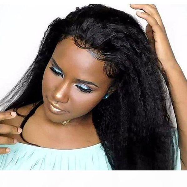 

kinky straight 360 lace frontal wig pre plucked with baby hair 150% density coarse straight italian yaki lace front human hair wigs, Black;brown