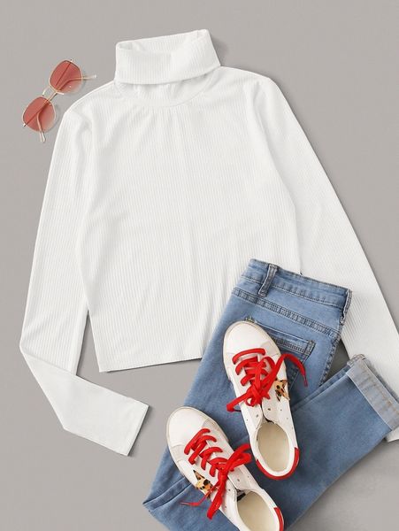 

plus rolled neck rib-knit tee l39s#, Black