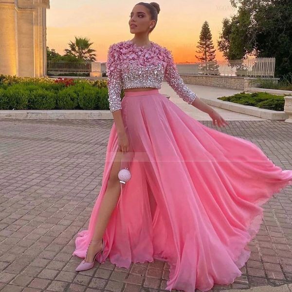 

ins fashion two piece pink crystals prom dresses a line appliqued 3d floral flowers beading rhinestones shiny 3/4 long sleeve evening gowns, Black