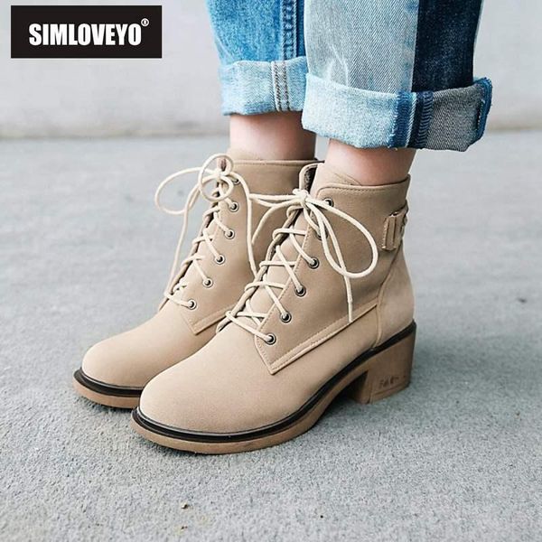 

simloveyo casual ankle boots botas lace up round toe flock shoes women solid botas feminino thick heel mujer botte femme b1075, Black