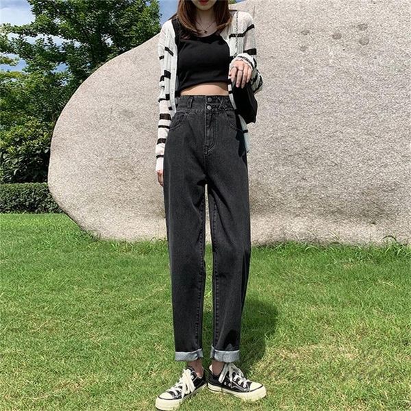 

2020 women's autumn new double button straight jeans high waist loose harem casual pants, Blue