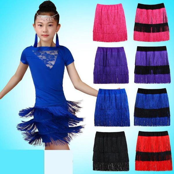 

stage wear girls lady latin dance skirt three layers tassel fringed female dress practice skirts, Black;red