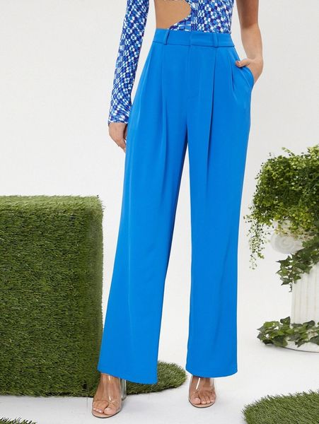 

high waist plicated straight leg pants b1m4#, Black;white