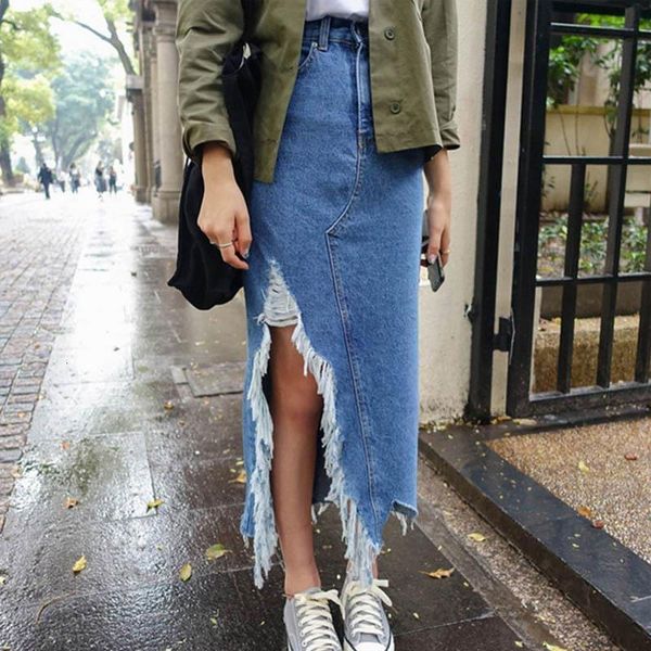 

ripped long denim skirts women hole tassel pockets jeans skirts summer korean vintage wrap skirt maxi skirt split plus size, Black
