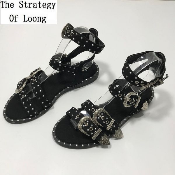

summer multiple buckle rivets rivets peep toe ankle wrap women sandals open toe metal back strap flat heels lady shoes 20190502 y200702, Black