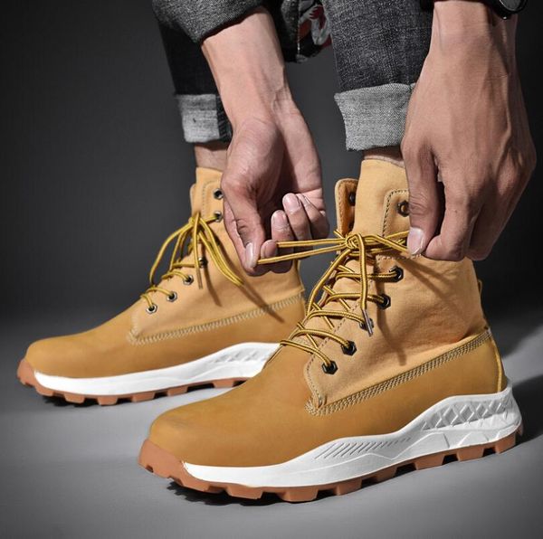 

boots full grain leather lace up working ankle fall work safety yellow runway shoes men autumn booties, Black