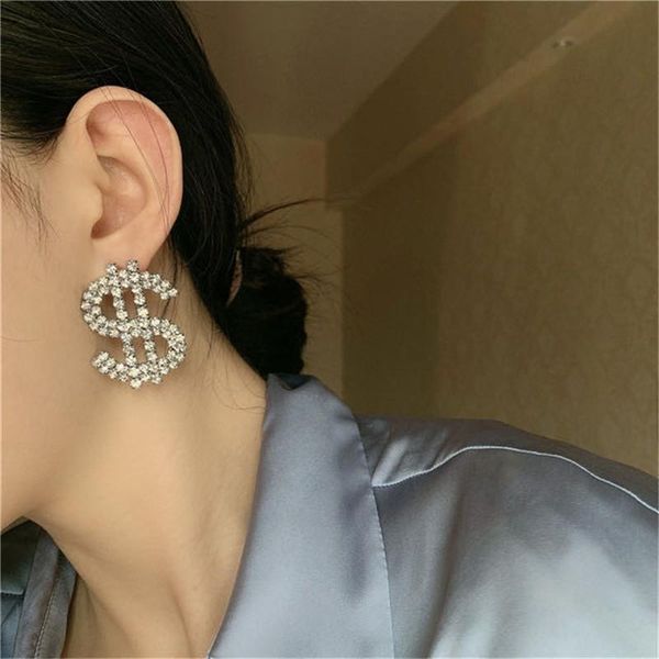 

new luxury women's sparkling crystal dollar pendant earrings fashion women's exquisite letter earrings jewelry shape, Silver