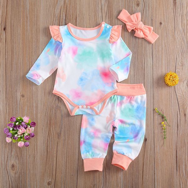 

newborn infant baby girls tie-dye fly sleeve romper+pants+hairband outfits set costumes pour filles baby girls outfits sets 1021, White