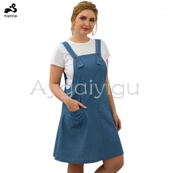 

aygaiyigu big size denim dress for woman plus size youthful dresses fashion shoulder strap a-line casual clothing 2020 spring1, Black;gray