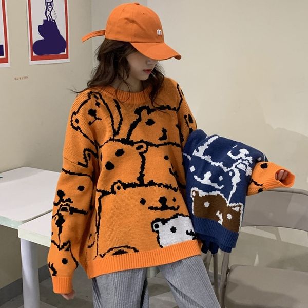 

pho03 длинных жаккардовые топ sweaterjacquard свитера забава свободных модули мультфильм медведь ветер ленивого рукав свитер женщины осень 2, White;black