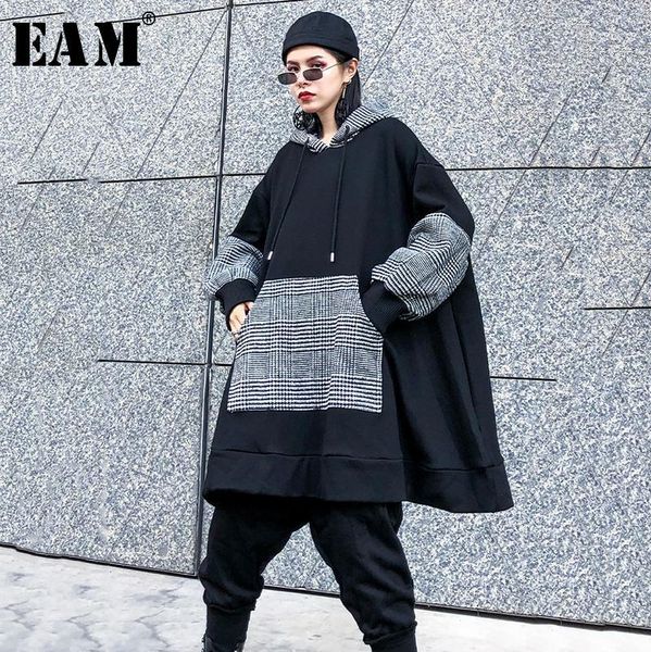 

eam] loose fit black plaid oversized pocket sweatshirt new hooded long sleeve women big size fashion autumn winter 2019 1k3381