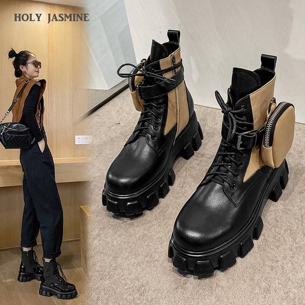 

women autumn shoes patent leather combat boots female lace-up trend storage small objects space package women's boots ankle, Black