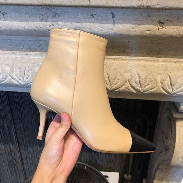 

boots ankle for women leather shoes heel bota feminina brand botas mujer pointed toe sapato feminino zipper ladies, Black