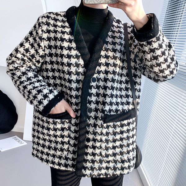 

2021 new tweed woolen small fragrant wind jacket women 2021 new thickened short plaid cardigan spring coat 50pl, Black;brown
