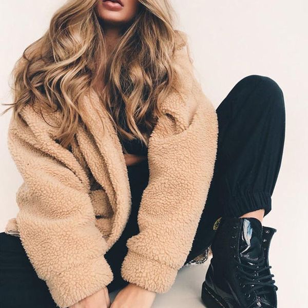 

fashion zipper plush comfort winter outside wear plus size coat, Black