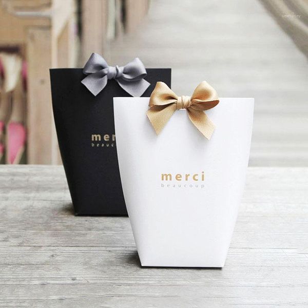 

gift wrap merci kraft paper bag white black candy wedding favors box packaging birthday party decoration bags with ribbons 30pcs1
