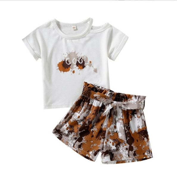 Kleinkind Baby Mädchen Kleidung Set Baumwolle T-Shirt + Leinen Shorts mit Gürtel Niedlicher Sommeranzug