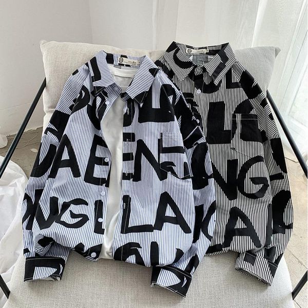 

autumn new striped shirt men fashion letters printed cotton casual shirt man streetwear wild loose long-sleeved shirts men1, White;black