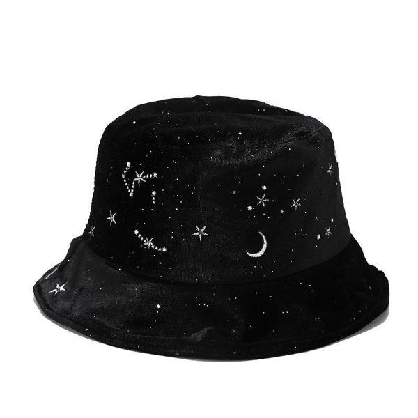

women winter velvet black bucket hat harajuku star moon embroidery wide brim sunscreen panama fisherman cap, Blue;gray