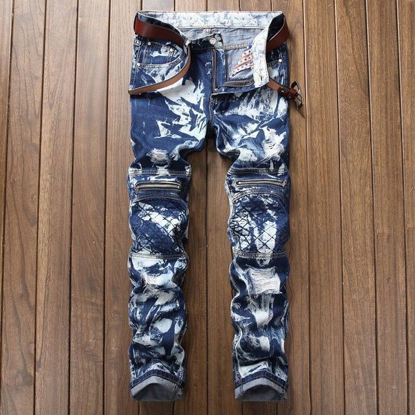 

2021 new european american men's male jeans ripped hole trend fashion fold snowflake decoration motorcycle pants trousers df57, Blue