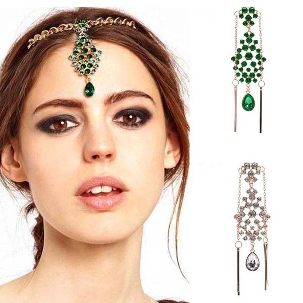 

forehead jewelry green white water drop crystal link chain hairpin bride bridesmaid wedding hair decoration head pieces, Golden;silver